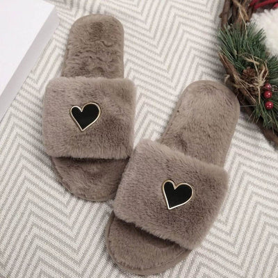 Heart Open Toe Flat Slippers - Cozy PU Leather Slippers - Fashions Envy