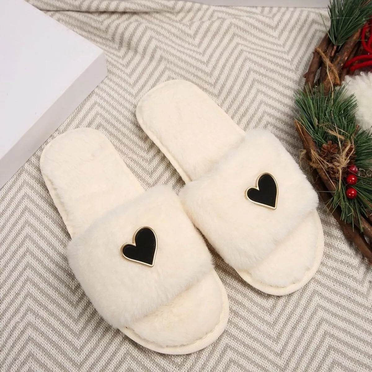 Heart Open Toe Flat Slippers - Cozy PU Leather Slippers - Fashions Envy