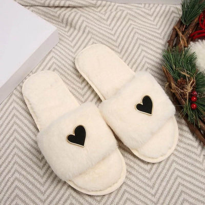 Heart Open Toe Flat Slippers - Cozy PU Leather Slippers - Fashions Envy