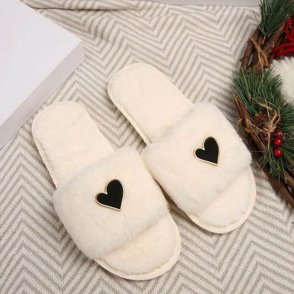 Heart Open Toe Flat Slippers - Cozy PU Leather Slippers - Fashions Envy