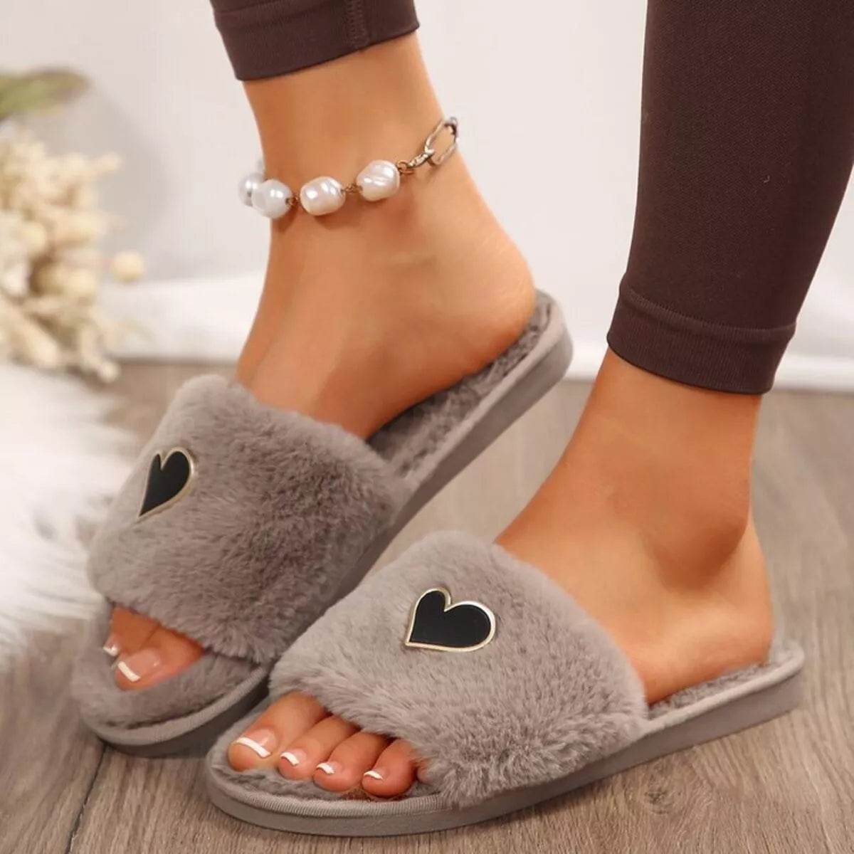 Heart Open Toe Flat Slippers - Cozy PU Leather Slippers - Fashions Envy