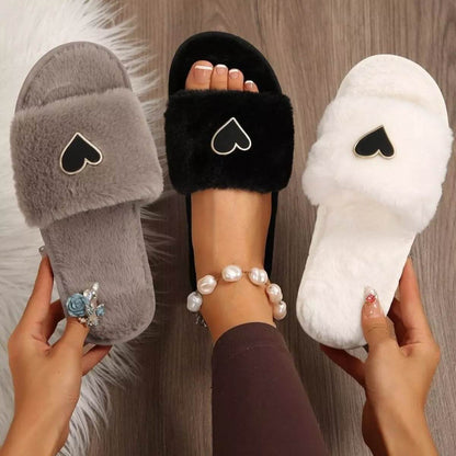Heart Open Toe Flat Slippers - Cozy PU Leather Slippers - Fashions Envy