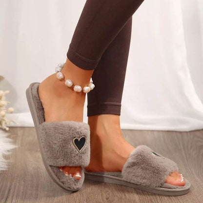 Heart Open Toe Flat Slippers - Cozy PU Leather Slippers - Fashions Envy