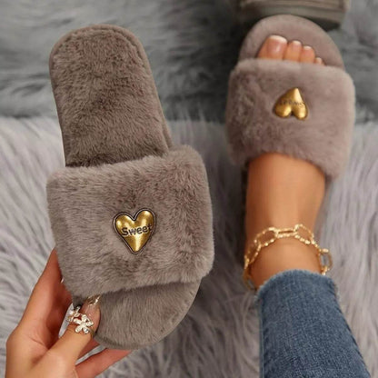 Heart Open Toe Flat Slippers - Cozy PU Leather Slippers - Fashions Envy