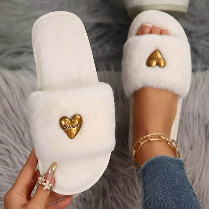 Heart Open Toe Flat Slippers - Cozy PU Leather Slippers - Fashions Envy
