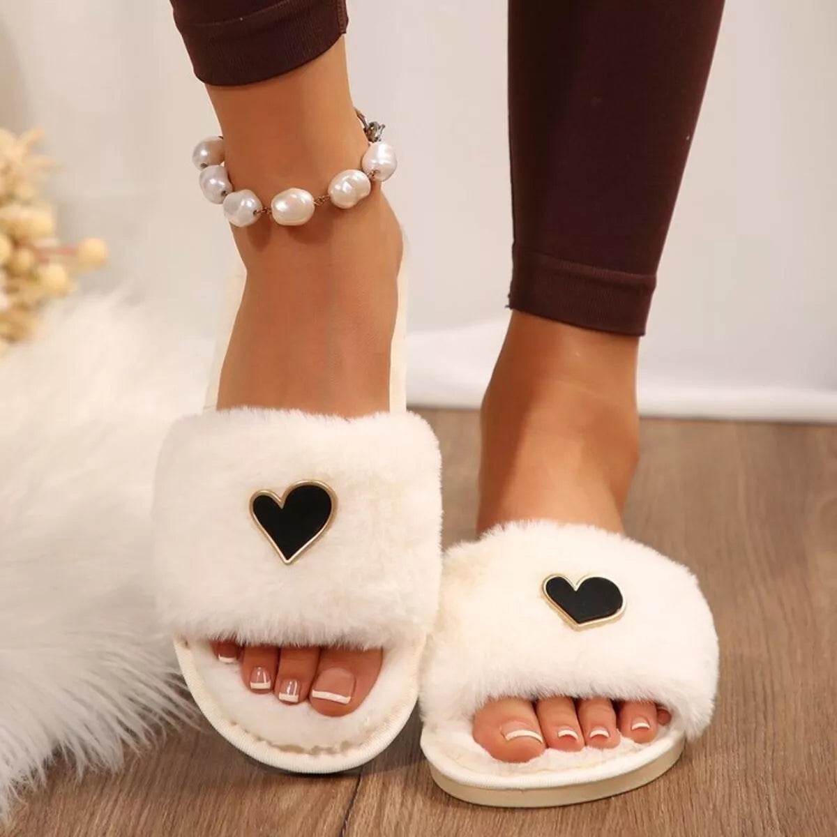 Heart Open Toe Flat Slippers - Cozy PU Leather Slippers - Fashions Envy