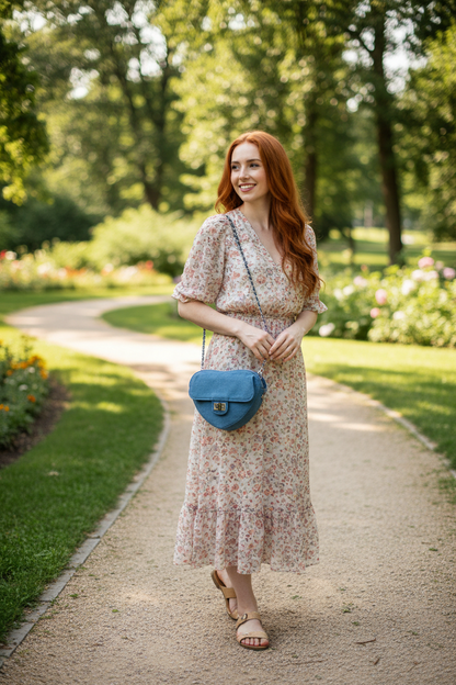 Heart shape denim crossbody bag lifestyle image