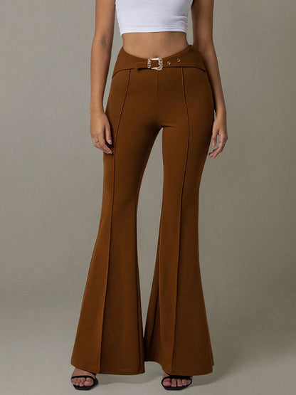 Trendsi High Waist Flare Pants in Brown with Belted Waist and Flared Hem for a Chic Look