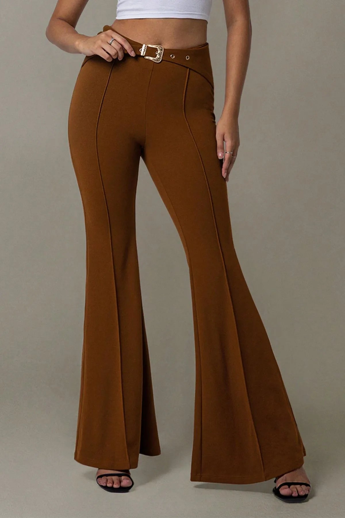 Trendsi High Waist Flare Pants in brown with a stylish belt for a trendy look