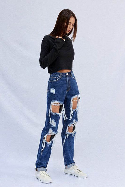 Insane Gene High Waisted Baggy Jeans with Distressed Rips for a Trendy Casual Look