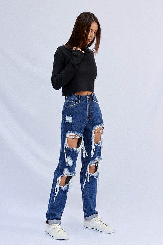 Insane Gene High Waisted Baggy Jeans with Distressed Rips for a Trendy Casual Look