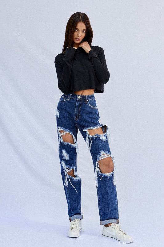 High Waisted Baggy Jeans with Distressed Rips and Loose Fit for Trendy Casual Wear
