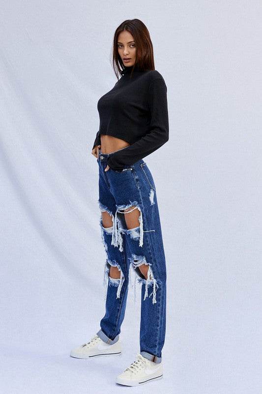 High Waisted Baggy Jeans with Distressed Rips for a Trendy Casual Look