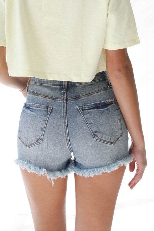 Back view of Insane Gene High Waisted Denim Shorts with frayed hem and pocket details