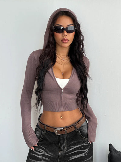 Trendsi Hooded Cardigan in mauve featuring a zip front and fitted design for a trendy casual look