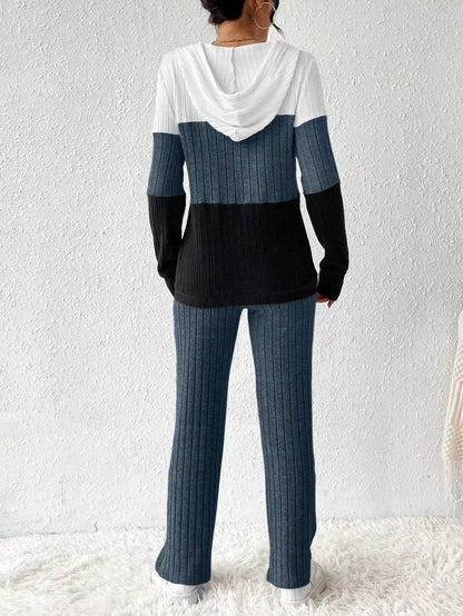 Trendsi Hooded Top and Pants Set in a stylish color block design for a trendy casual look