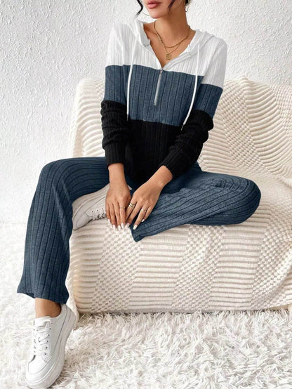 Trendsi Hooded Top and Pants Set in stylish color block design with ribbed texture for comfortable wear