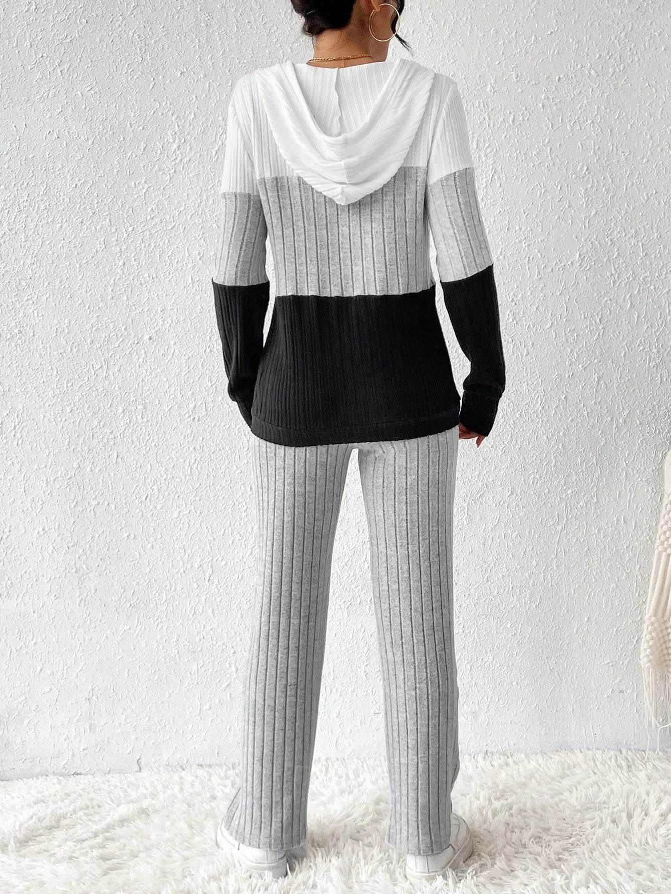 Trendsi Hooded Top and Pants Set with a stylish color block design in black, white, and gray
