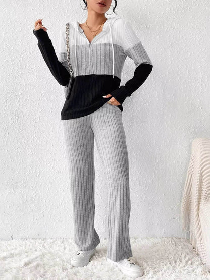 Trendsi Hooded Top and Pants Set in Black and Gray with Ribbed Texture for Comfortable Casual Wear