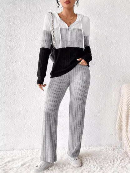 Trendsi Hooded Top and Pants Set in Black and Gray with a Stylish Ribbed Design
