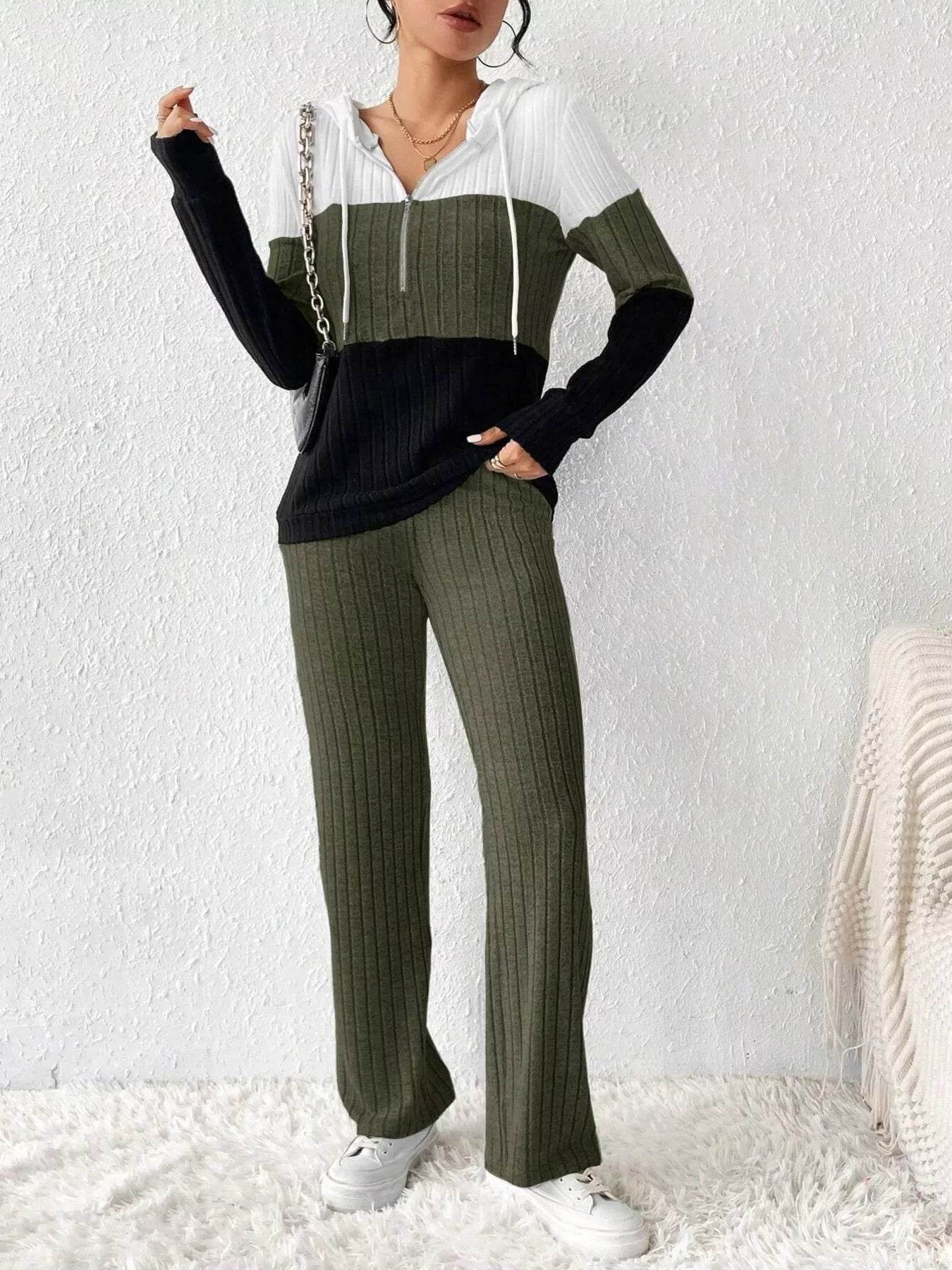 Trendsi Hooded Top and Pants Set in Green and Black with Comfortable Ribbed Knit Design