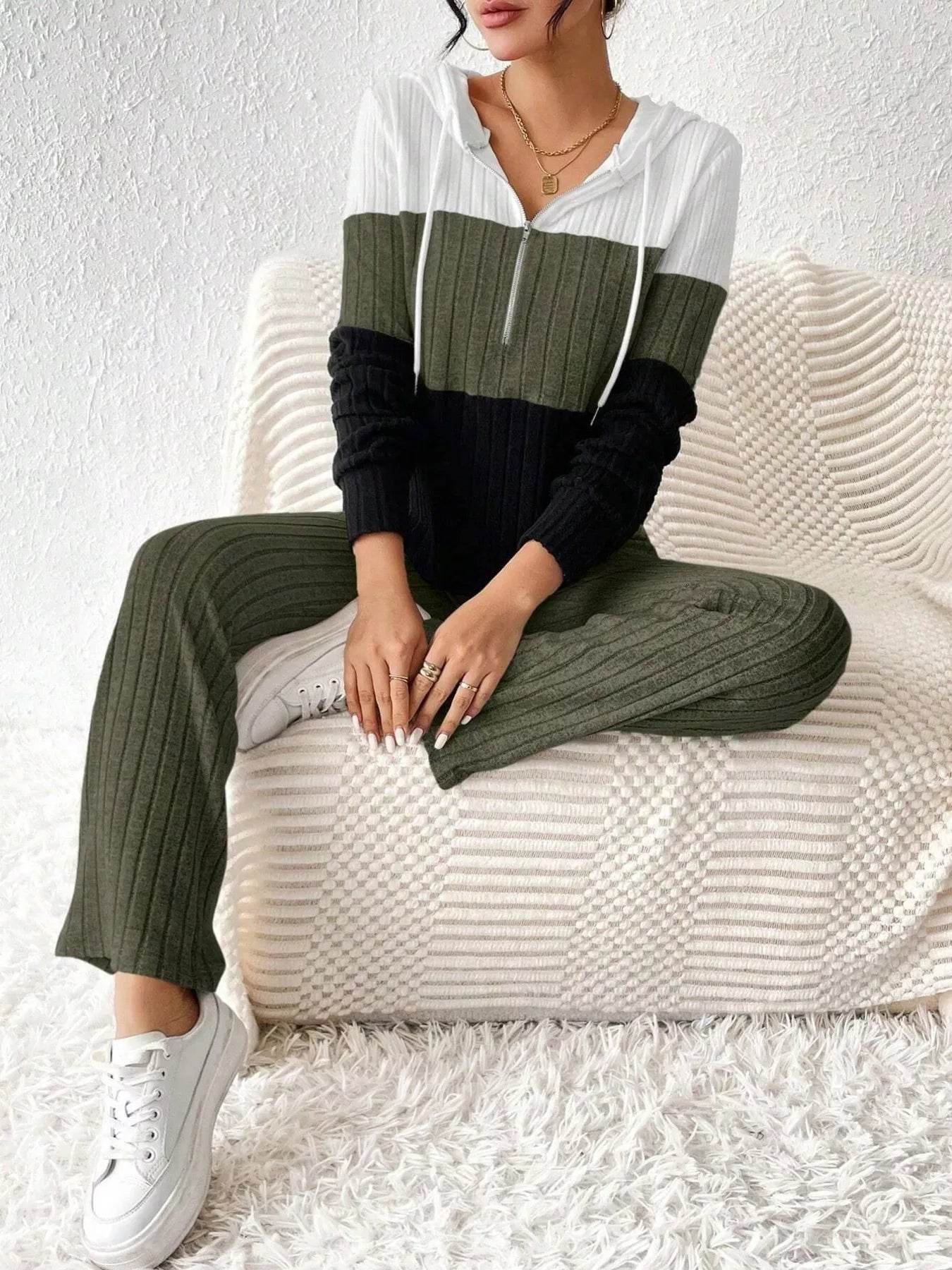 Trendsi Hooded Top and Pants Set in Olive Green and Black with Ribbed Texture for Casual Wear