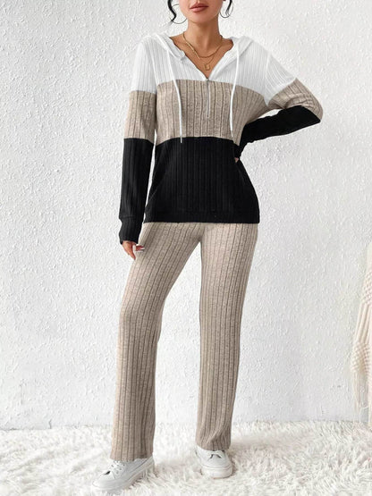 Trendsi Hooded Top and Pants Set in Black, White, and Beige with Ribbed Fabric for Casual Style