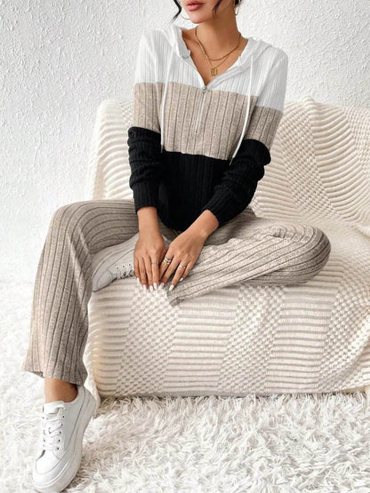 Trendsi Hooded Top and Pants Set in stylish color block design, perfect for casual outings