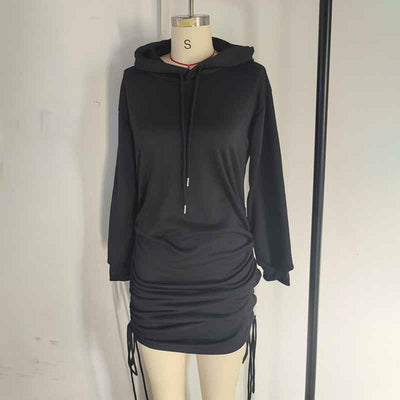 Black Hoodie Mini Dress with Drawstring Sides and Adjustable Length for Casual Style