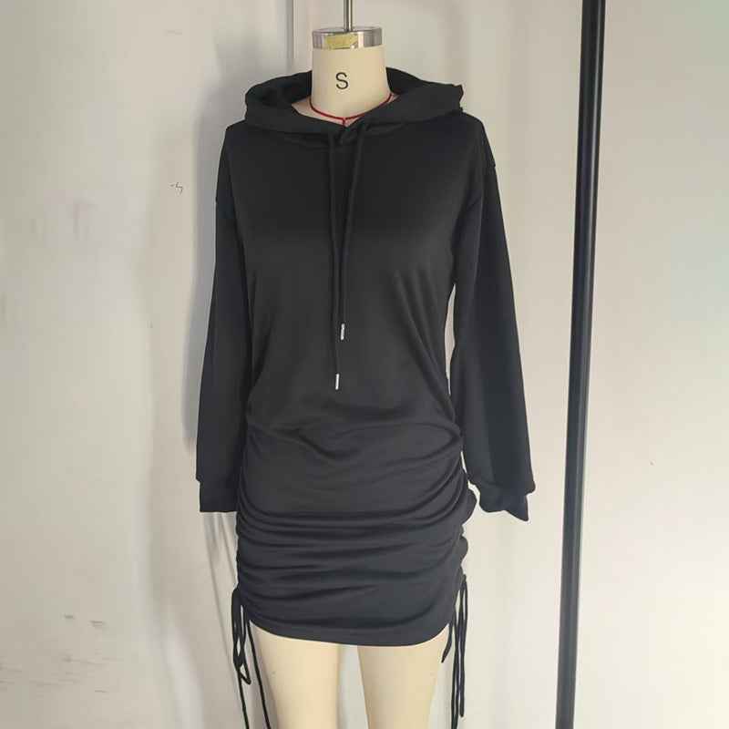 Black Hoodie Mini Dress with Drawstring Sides and Adjustable Length for Casual Style