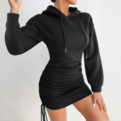 Black Hoodie Mini Dress with Adjustable Sides for a Stylish and Comfortable Look