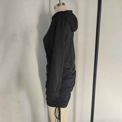 Black Hoodie Mini Dress with Side Ruching and Adjustable Drawstrings for a Stylish Look