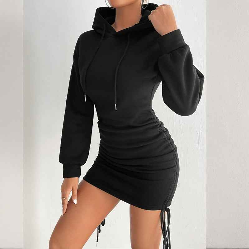 Black Hoodie Mini Dress with Adjustable Side Drawstrings for a Stylish Look
