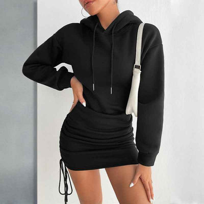 CJ Hoodie Mini Dress in Black with Adjustable Side Ruching and Hooded Design