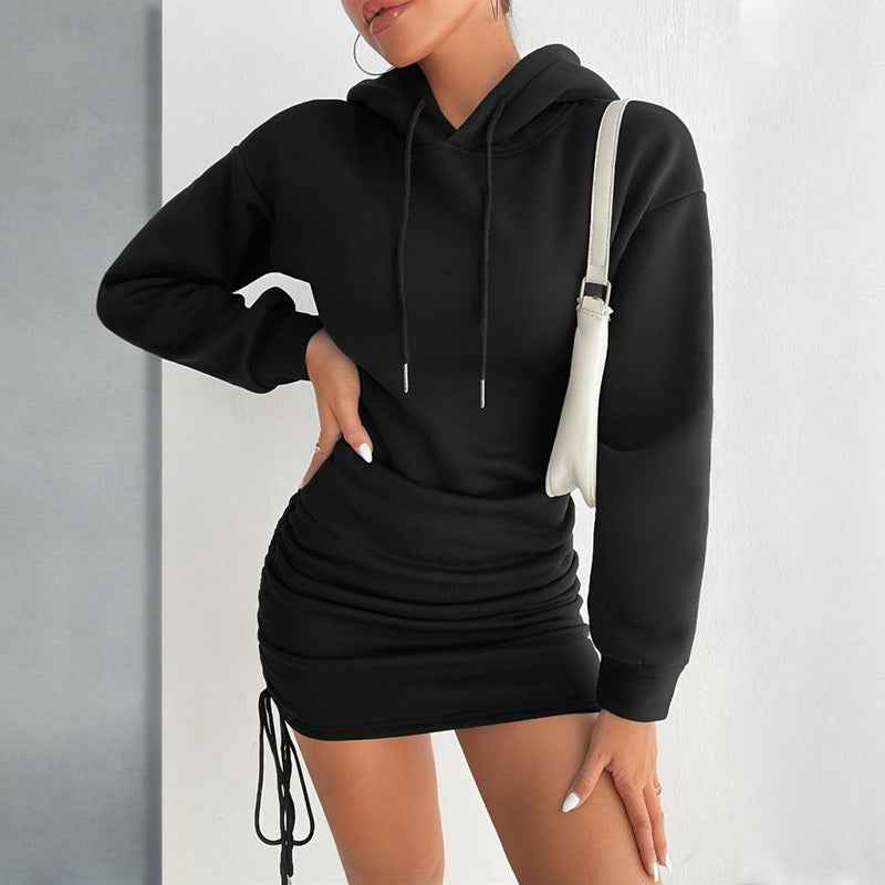 CJ Hoodie Mini Dress in Black with Adjustable Side Ruching and Hooded Design
