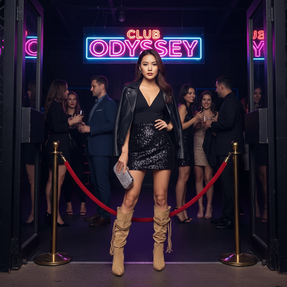 Hot Asian woman in tan suede boots and mini skirt at nightclub - full body