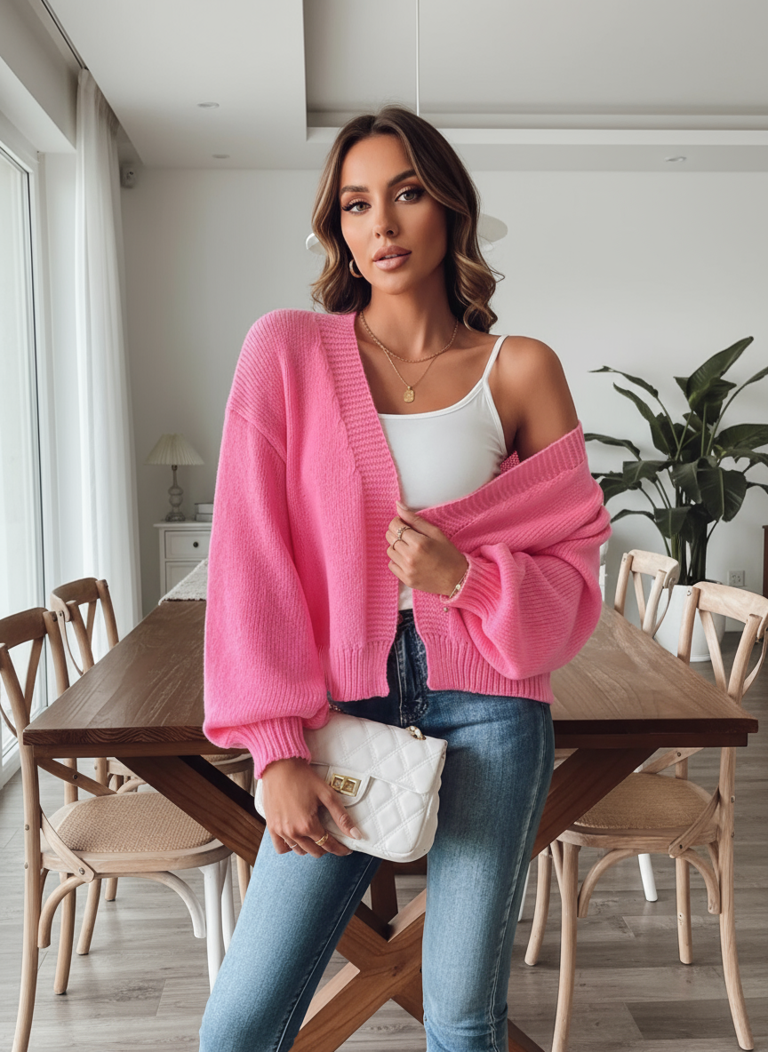 Hot pink cardigan lifestyle