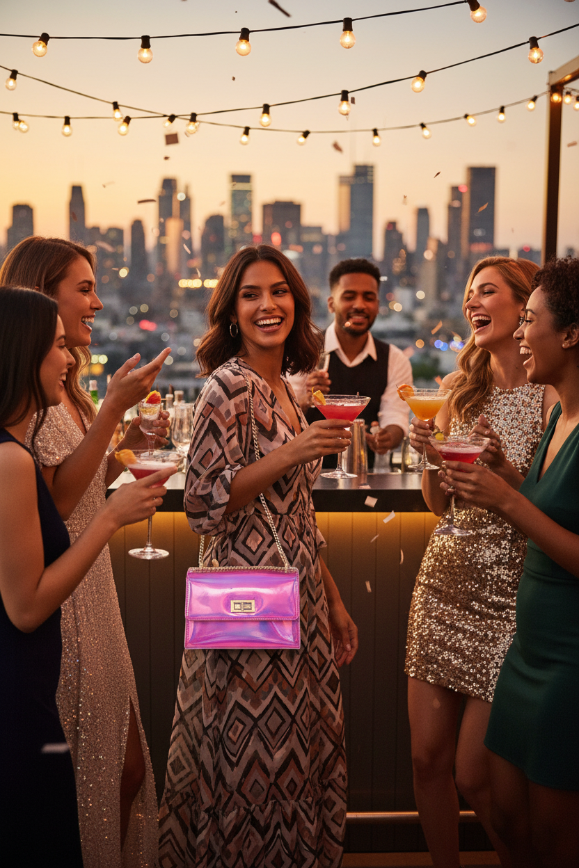 Hot pink holographic crossbody bag at rooftop bar party