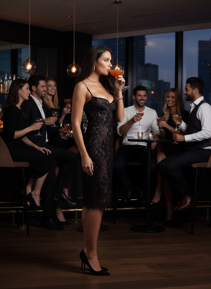 Lace Bodycon Midi Dress - Cami Strap Figure-Hugging - Fashions Envy