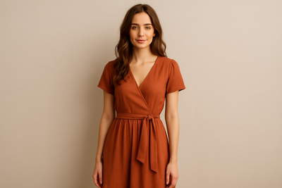 Professional woman wearing belted blazer dress in office setting