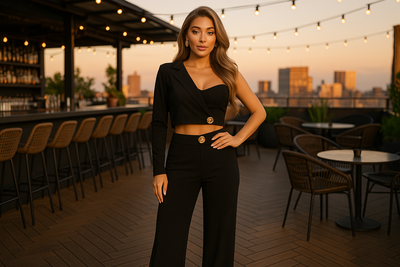 Black two piece pants set lifestyle - rooftop bar