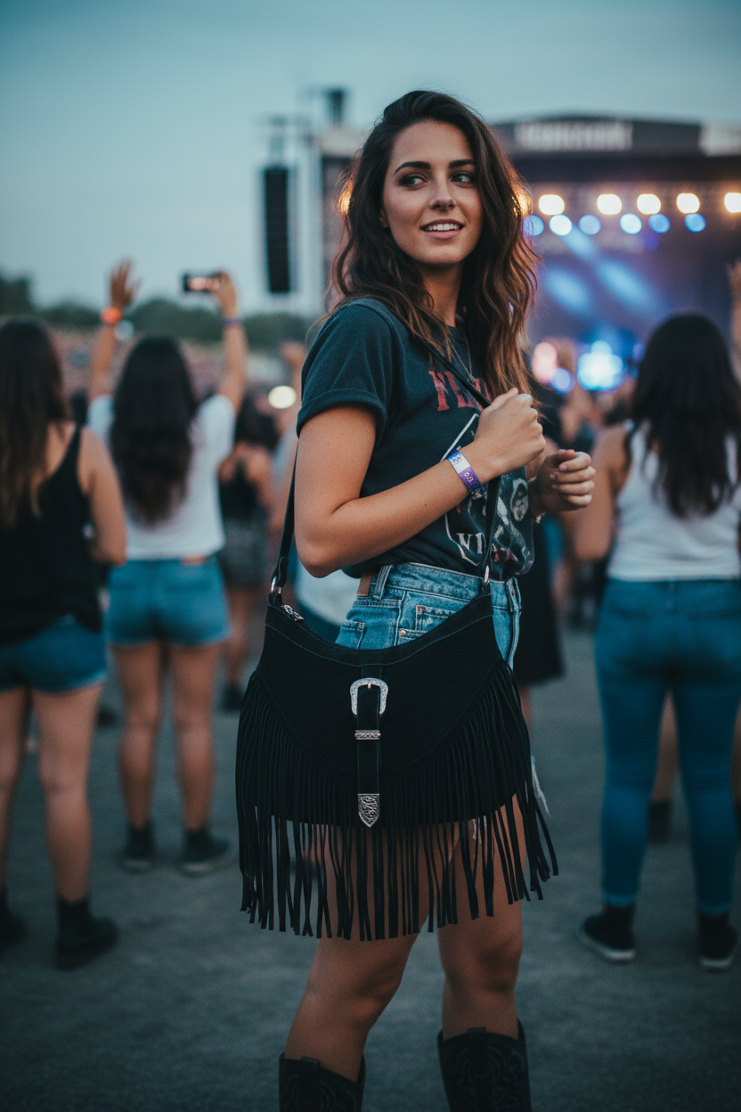 Brunette with black western fringe bag at concert