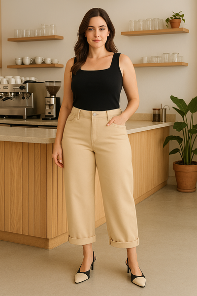 Woman wearing RISEN barrel jeans in coffee shop lifestyle setting