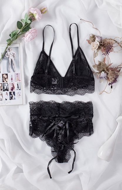 Strappy Lace Bralette High Waist Lace Up Panty Set