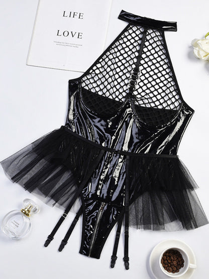 Sexy Lingerie-grid Splicing PU Leather Halter Neck Bodysuit