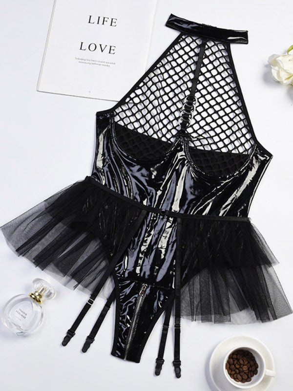 Sexy Lingerie-grid Splicing PU Leather Halter Neck Bodysuit