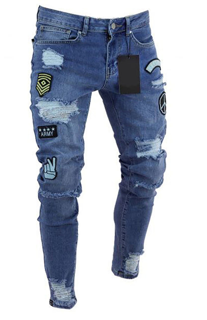 Men's Distressed Patchwork Knit Denim Jeans