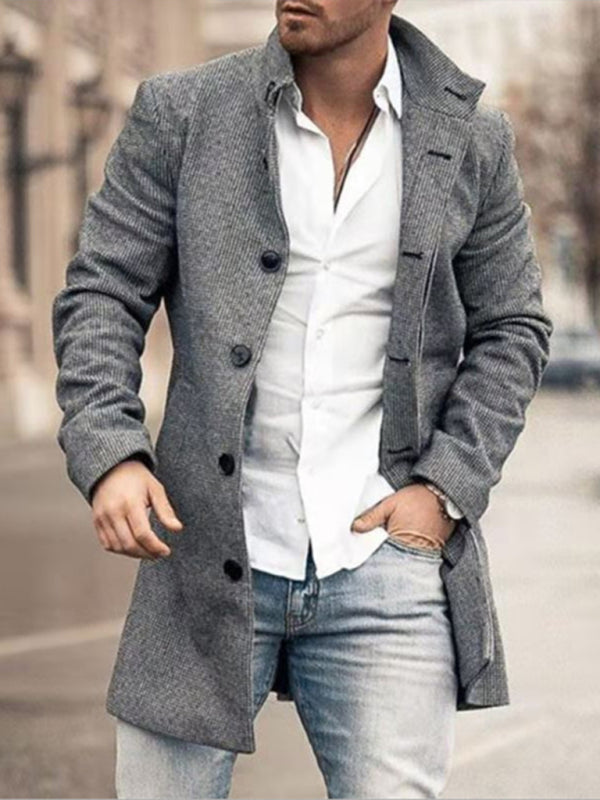 Men's Woolen Stand Collar Mid-length Pocket Casual Coat