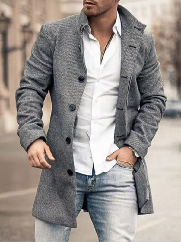 Men's Woolen Stand Collar Mid-length Pocket Casual Coat