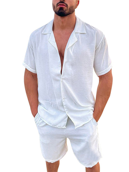 Men's Summer Lapel Cotton Linen Solid Color Short Sleeve Shorts Set